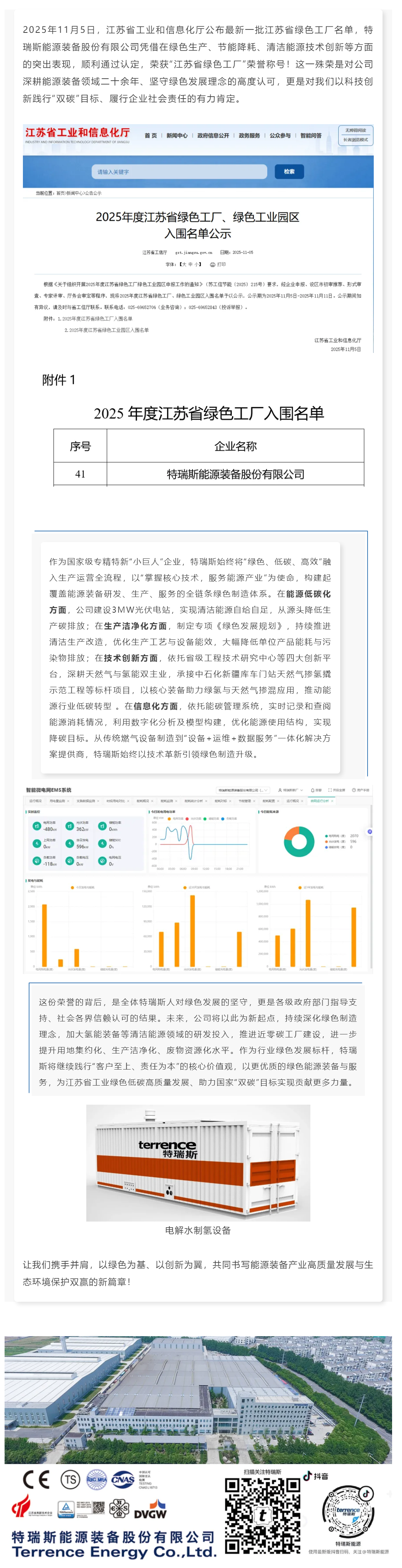 喜报 特瑞斯成功获评江苏省绿色工厂，以绿色智造赋能能源低碳转型